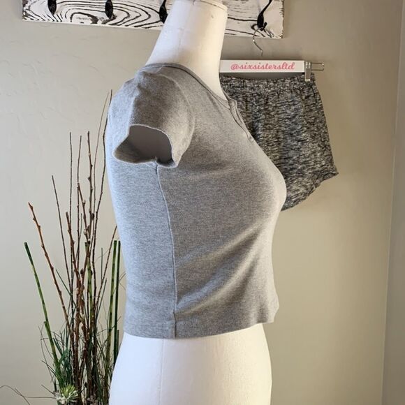 𝅺brandy Melville gray crop top V cut out at neckline short sleeves - Picture 8 of 13